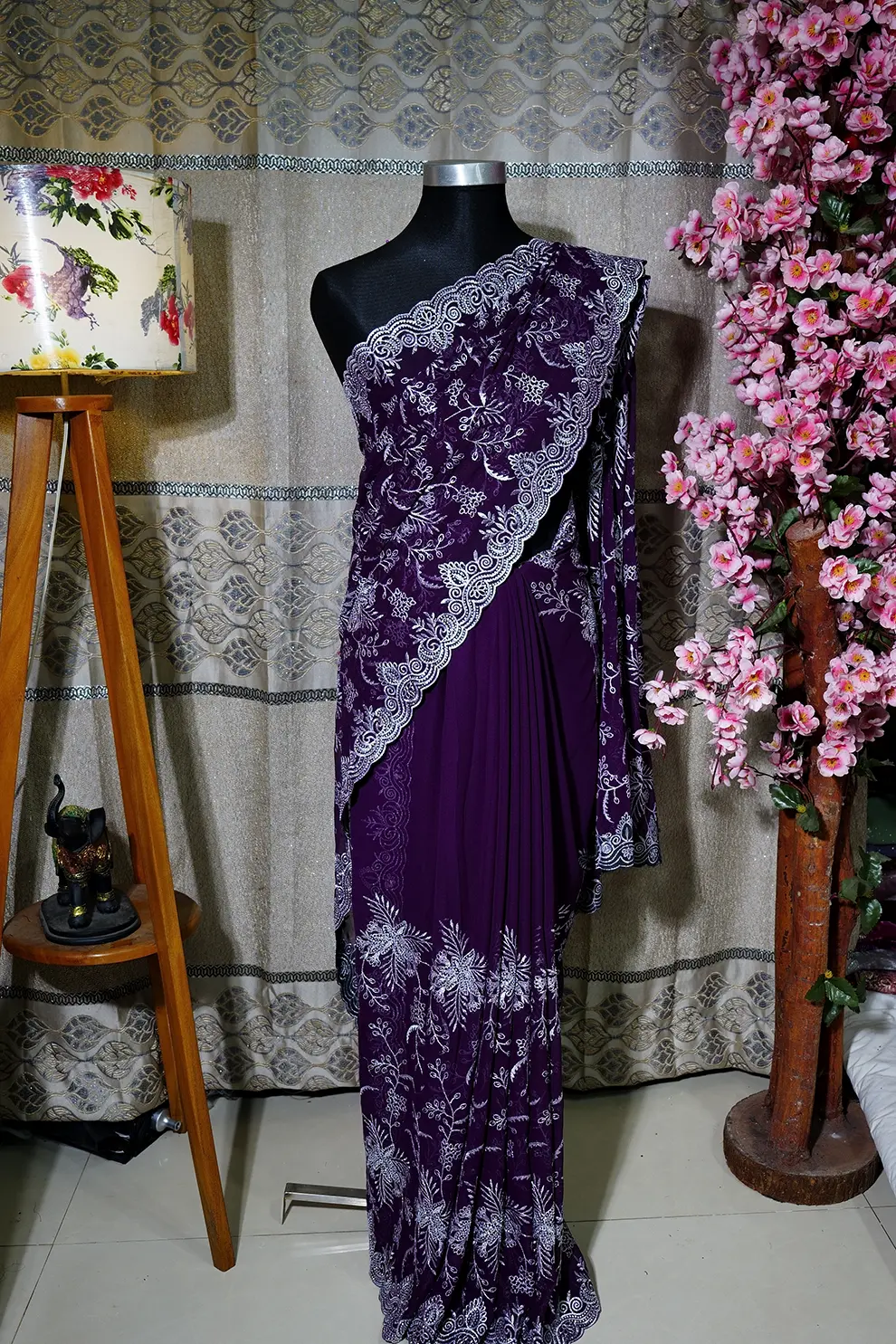 Wine Sarwaski Stone Silk Blend Saree with Embroidery